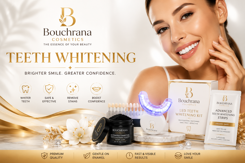 Premium Teeth Whitening Collection by Bouchrana featuring LED whitening kit, whitening strips, activated charcoal powder, and a bright healthy smile.