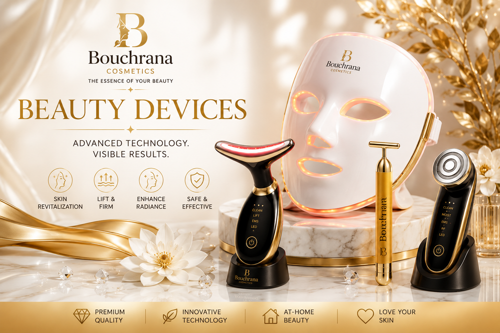 Luxury beauty devices collection featuring LED facial mask, face sculpting massager, and premium skincare technology by Bouchrana Cosmetics.